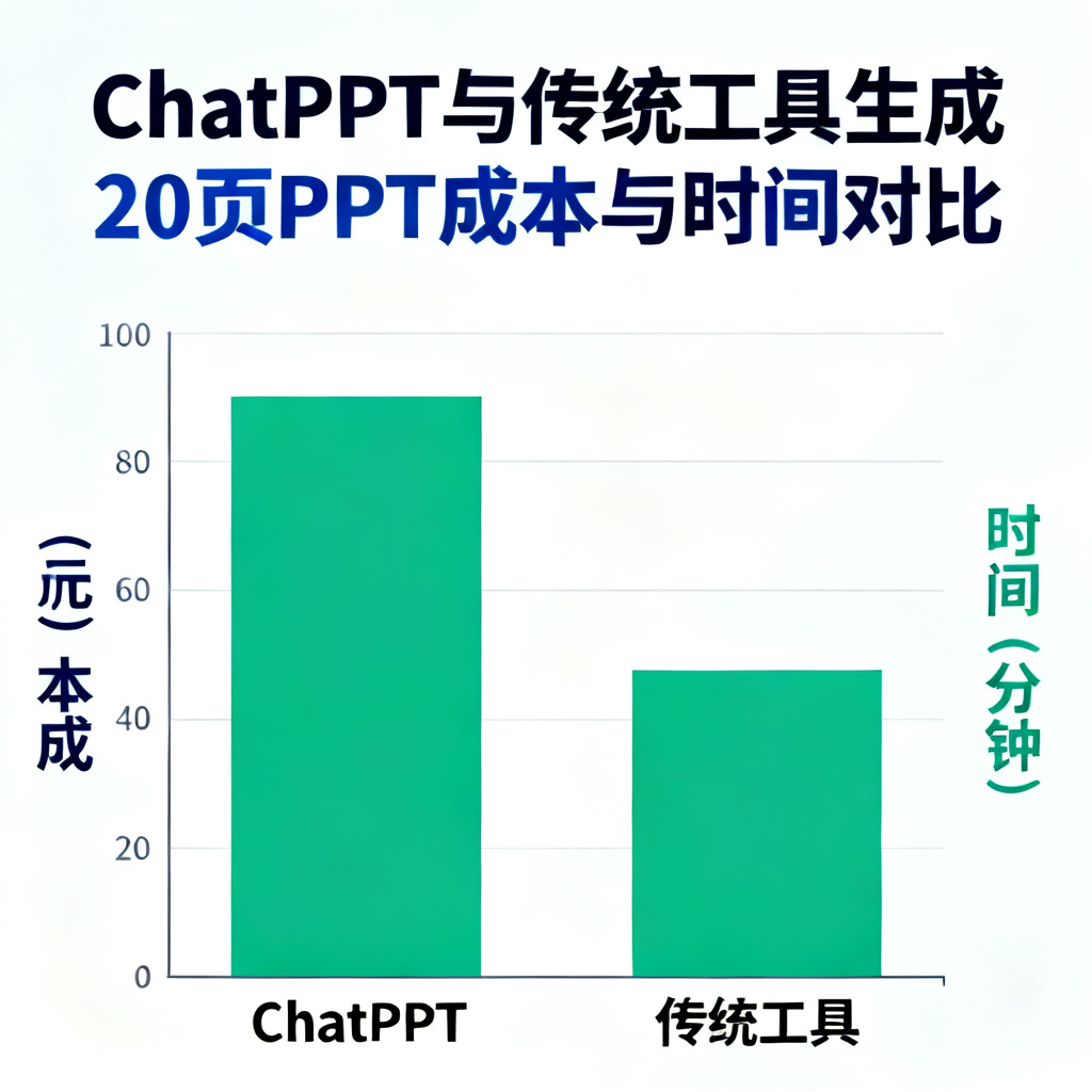 数据对比图表,ChatPPT与传统工具在生成20页PPT时的成本与时间对比,柱状图显示ChatPPT各项指标显著低于竞品