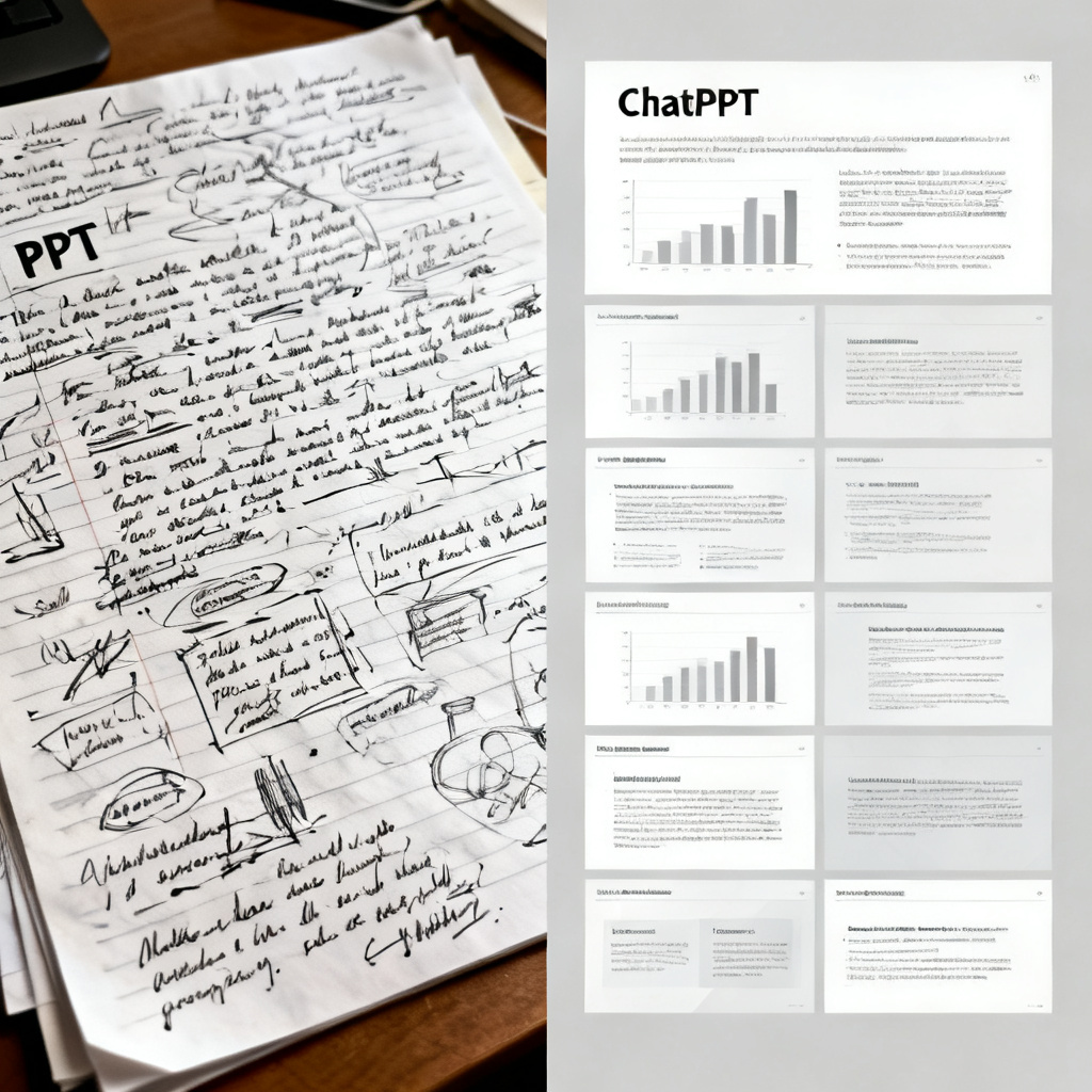 A side-by-side comparison: on the left, a cluttered and messy handwritten PPT draft; on the right, a clean and professional academic PPT slide generated by ChatPPT, with clear charts and text.
