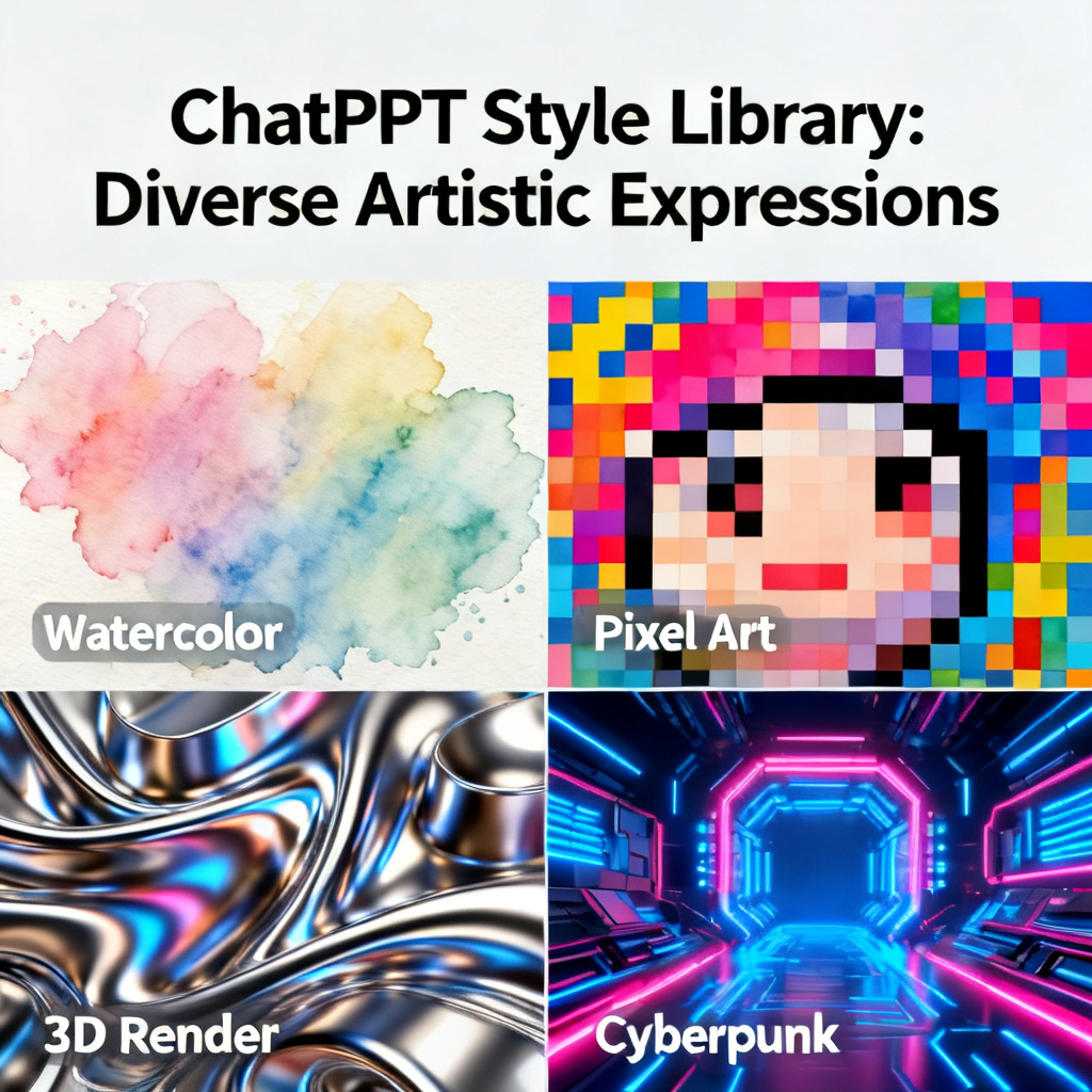 A collage of various artistic styles applied to business presentation slides: watercolor, pixel art, 3D render, and cyberpunk, showing the diversity of ChatPPT's style library, style: vibrant, creative showcase
