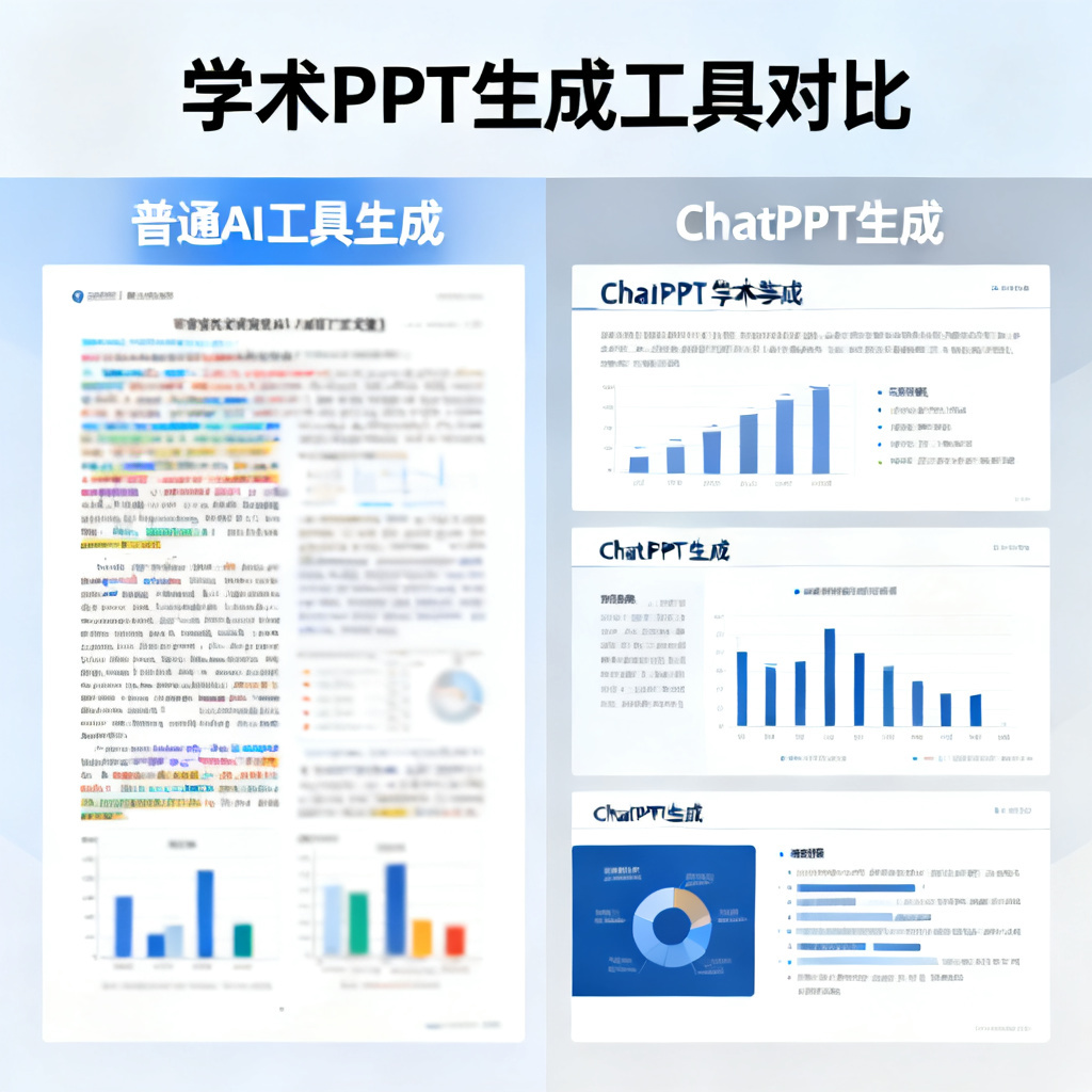 对比图：左侧显示一个由普通AI工具生成的论文PPT，风格花哨，字体过小，图表模糊；右侧显示ChatPPT生成的学术PPT，风格简约，标题清晰，数据图表高清，排版严谨，体现学术级排版优势