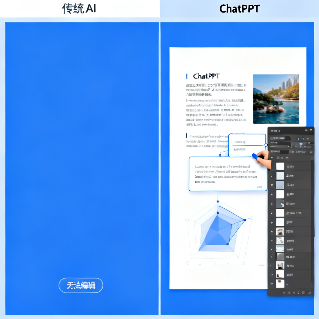 一个对比图:左侧是传统AI工具生成的页面,显示“无法编辑”的提示;右侧是ChatPPT生成的页面,显示独立的文字图层、图片图层、图形图层,用户正在拖动文本框调整位置,图层面板清晰可见。