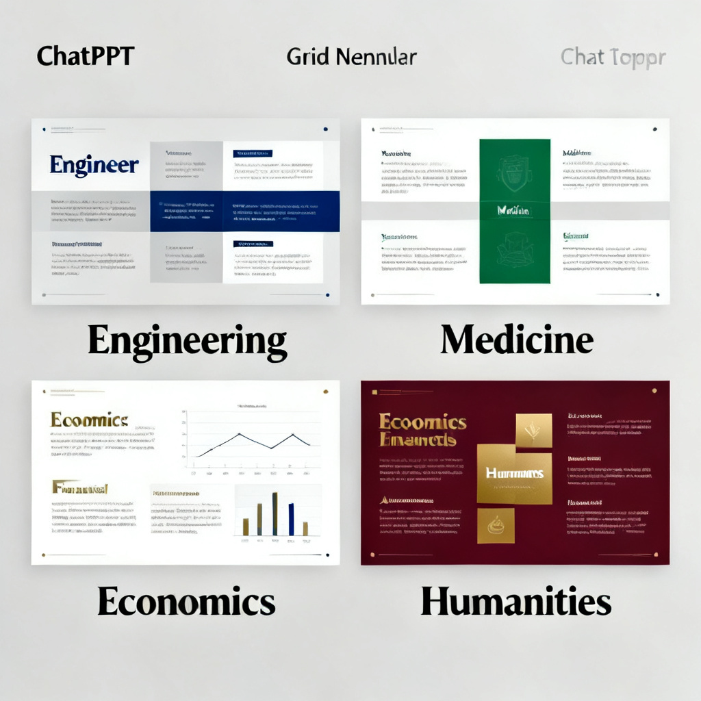 A thumbnail gallery showing various academic PPT templates from ChatPPT, including templates for engineering, medicine, economics, and humanities, each with clean layouts and professional fonts.