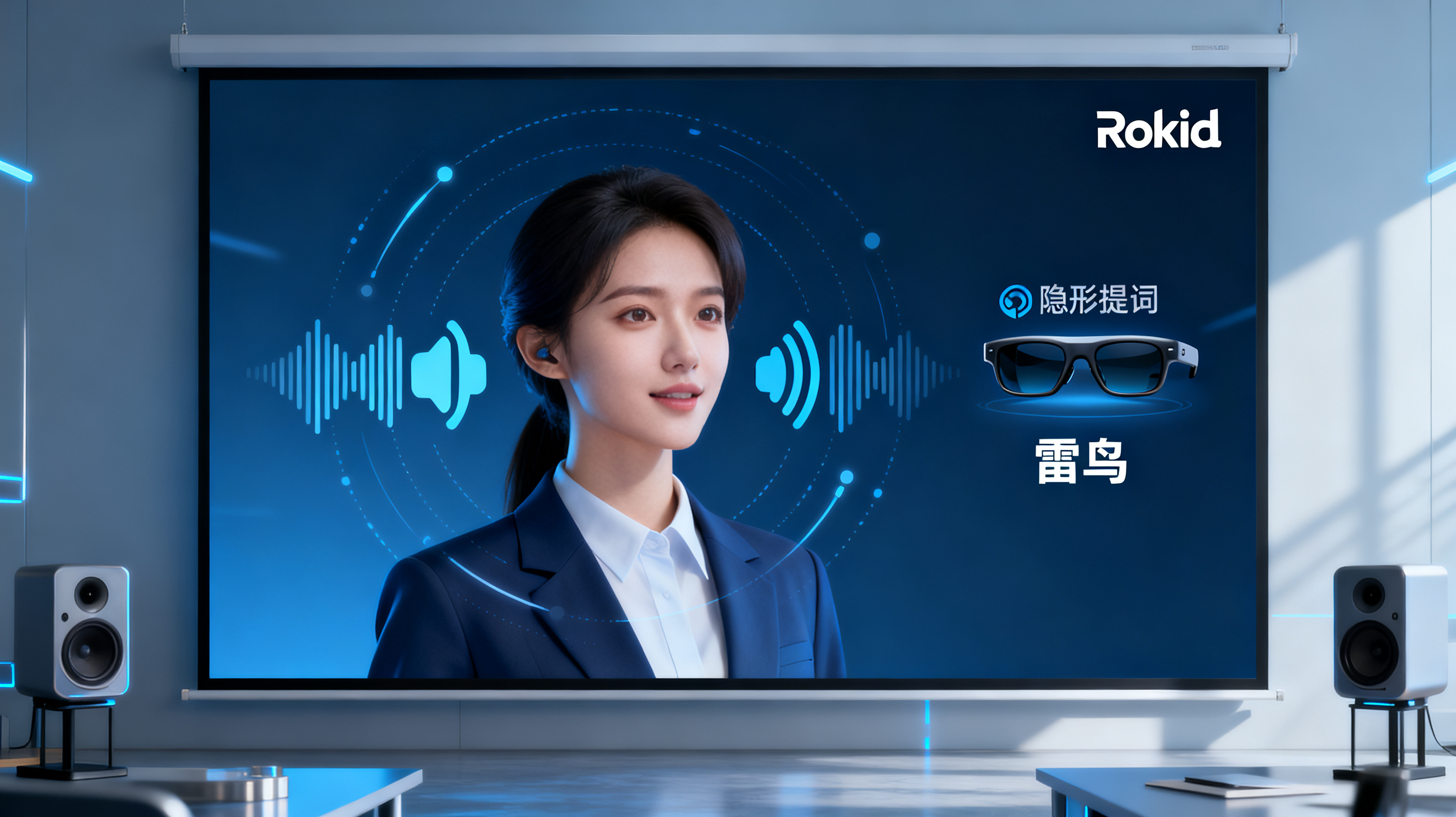 静态PPT变成智能数字人分身，声波与克隆声音图标环绕，旁边有Rokid和雷鸟智能眼镜显示隐形提词，未来感但克制专业