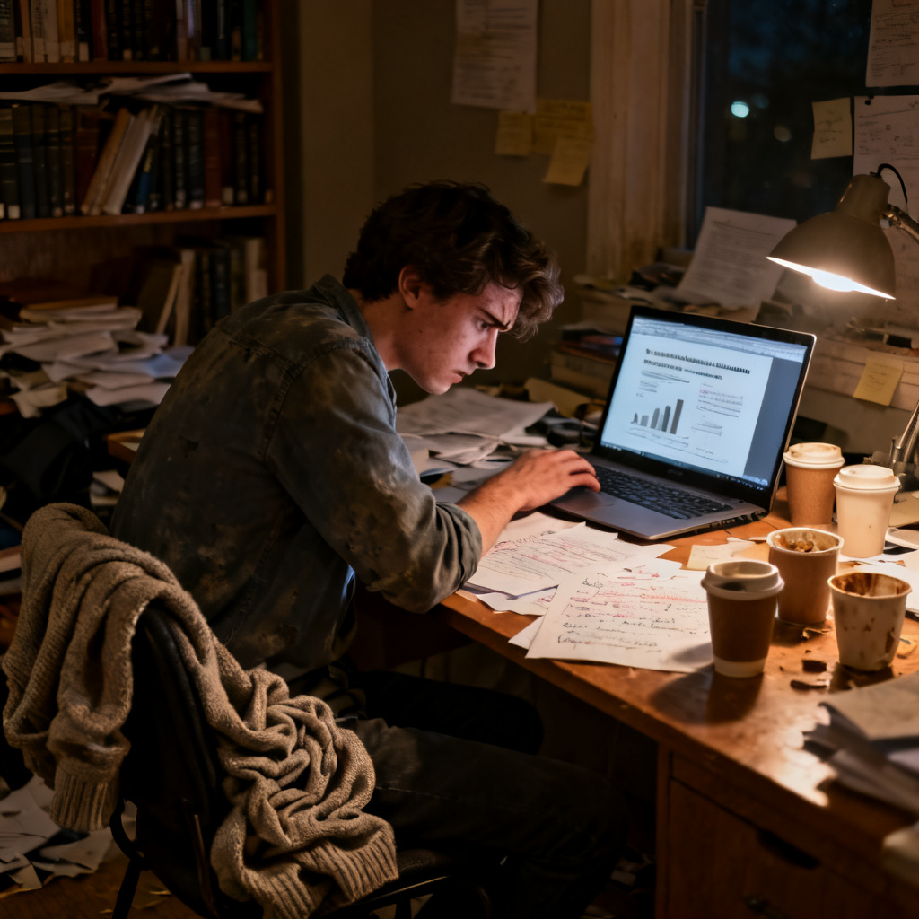 A stressed graduate student working late at night on a presentation, surrounded by papers and coffee cups, dim lighting, realistic style.
