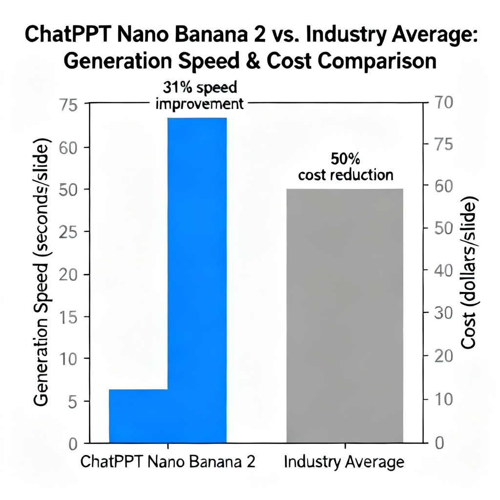 A bar chart comparing generation speed (seconds per slide) and cost (dollars per slide) between ChatPPT Nano Banana 2 and average industry tools, showing 31% speed improvement and 50% cost reduction