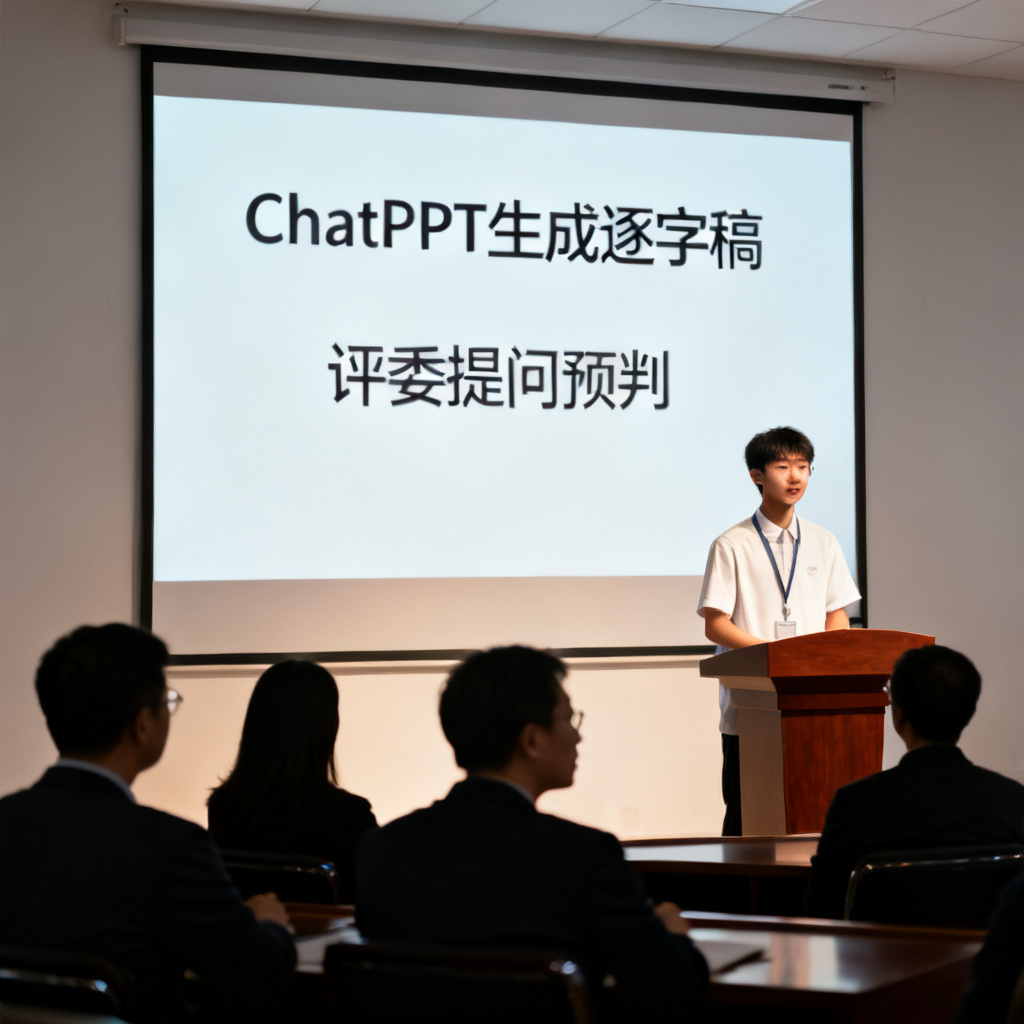 一个学生在答辩台上自信演讲,身后大屏幕显示ChatPPT生成的逐字稿和评委提问预判,评委们认真倾听,氛围正式