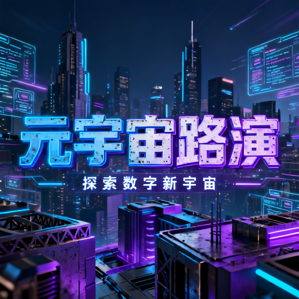 赛博朋克风格元宇宙路演PPT封面，霓虹蓝色与紫色调，高对比度，未来城市天际线，全息数据流，3D建筑结构，工业感字体