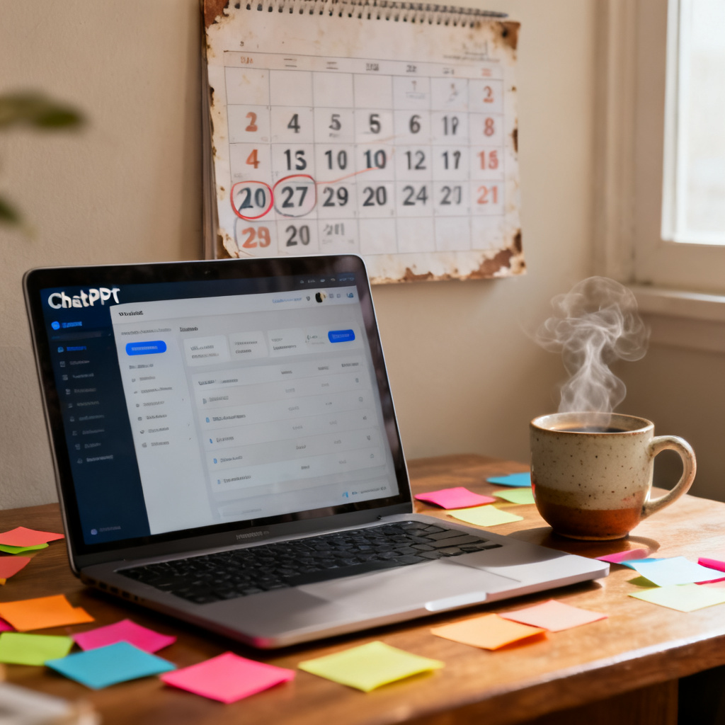 A desk with a laptop open to ChatPPT dashboard, surrounded by sticky notes and a coffee cup. A calendar on the wall shows dates spanning one year, indicating long-term usage.