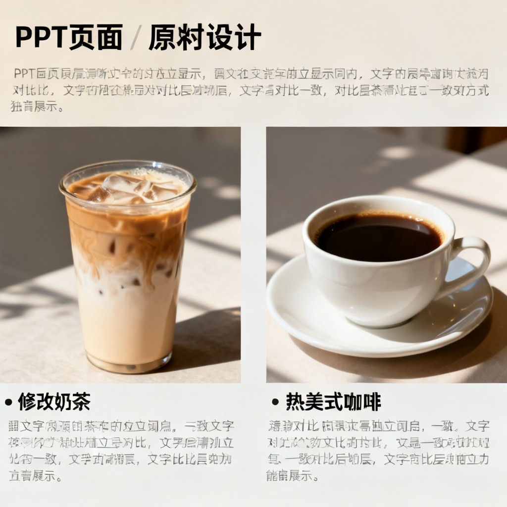 一张展示ChatPPT Magic涂画功能的对比图，左侧为原始PPT页面（包含一杯奶茶），右侧为修改后页面（奶茶被替换为热美式咖啡），光影与背景风格完全一致，文字图层独立显示。