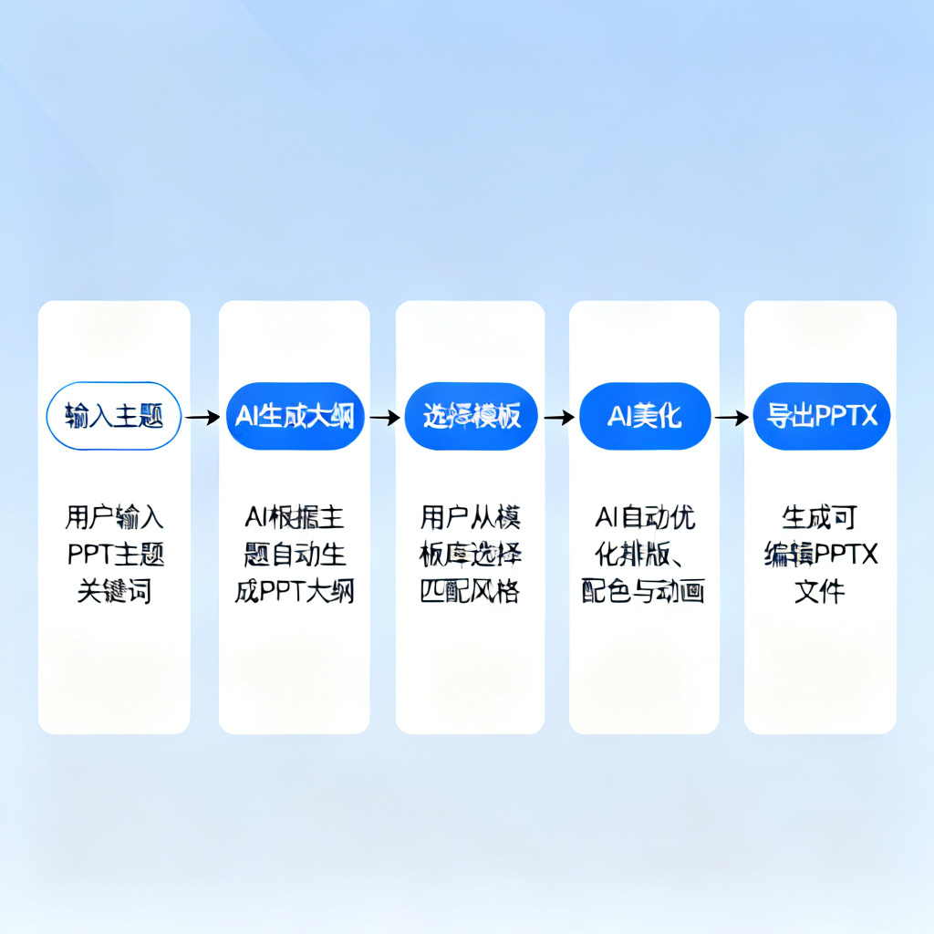 一个流程图展示从输入主题到生成PPT的完整步骤：输入主题→AI生成大纲→选择模板→AI美化→导出PPTX，步骤清晰标注