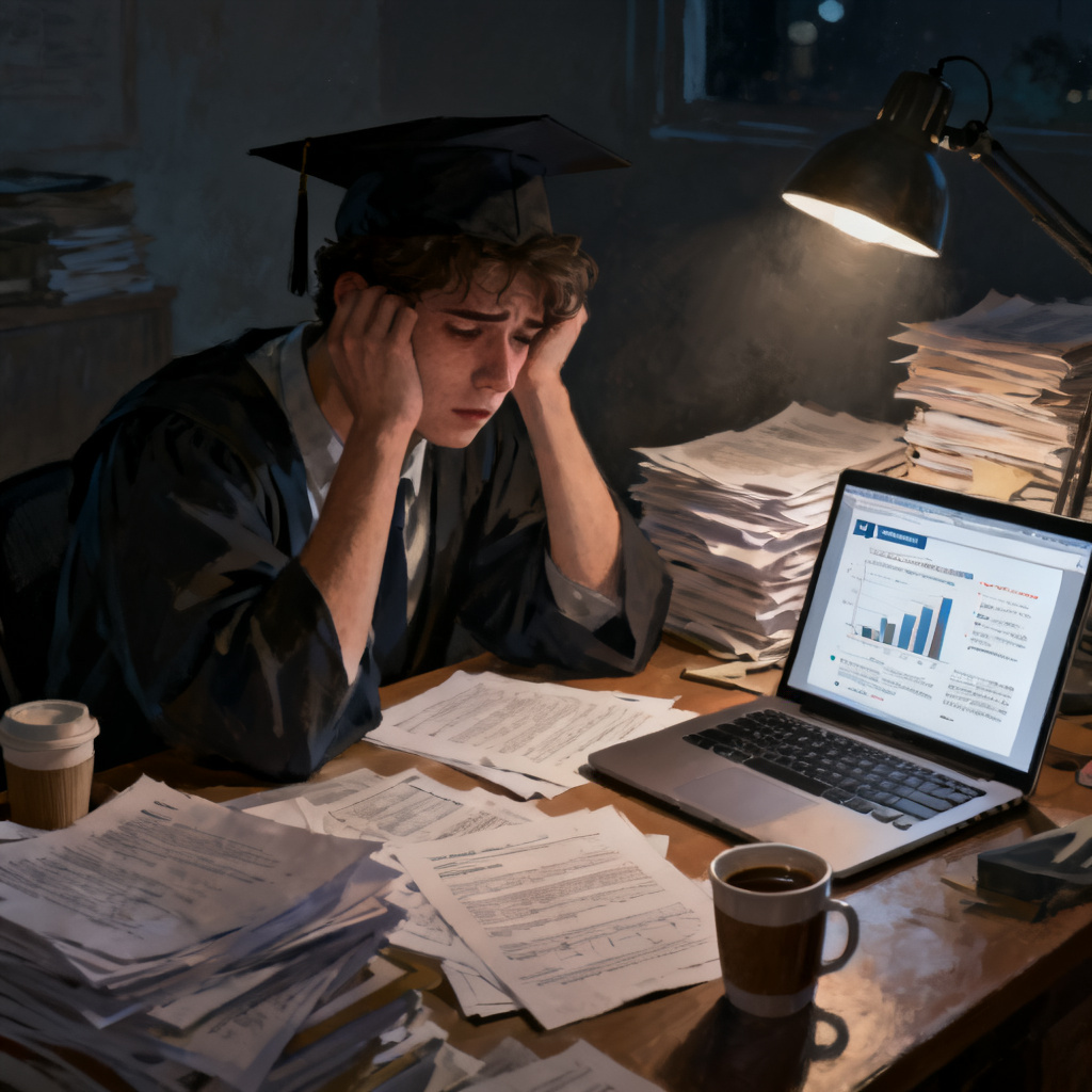 A realistic illustration of a stressed graduate student sitting at a cluttered desk late at night, surrounded by stacks of printed papers, coffee cups, and a laptop showing a half-finished PowerPoint slide with confusing charts and text. The lighting is dim, with only a desk lamp illuminating the scene, conveying exhaustion and frustration. Style: digital art, moody, realistic, muted colors.