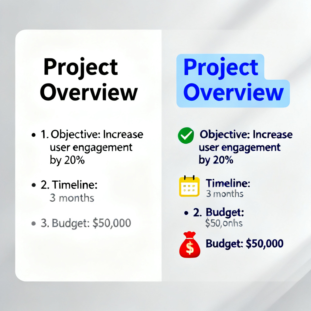 Before-and-after comparison of a slide being beautified by AI, left side plain text, right side professional layout with icons and color scheme