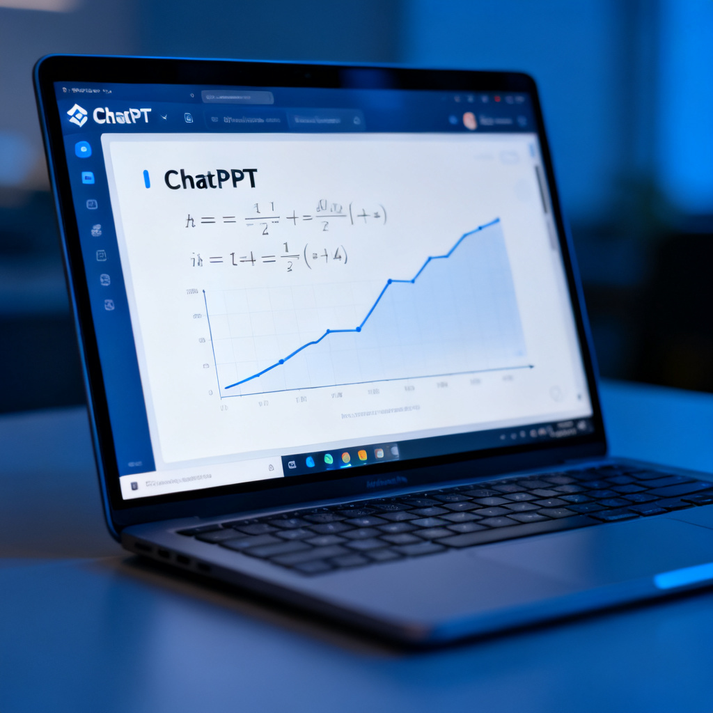 A close-up of a laptop screen displaying ChatPPT's interface with a slide containing mathematical equations and a line graph, soft blue ambient light, high resolution, realistic texture