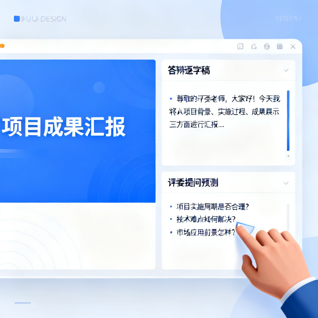 ChatPPT界面展示,左侧是PPT幻灯片,右侧是生成的答辩逐字稿和评委提问预测,用户正在查看