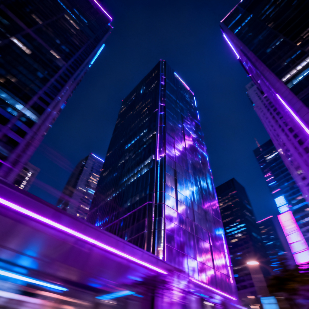 赛博朋克风格的城市夜景，霓虹灯与高科技建筑，高对比度，电影级光照