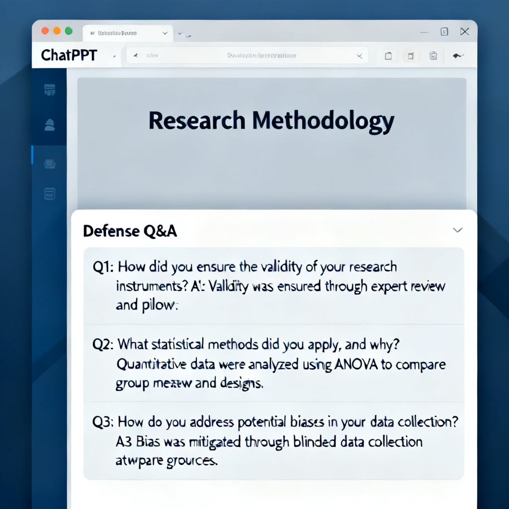 A screenshot of ChatPPT's interface showing a slide on "Research Methodology." Below the slide, there is a panel labeled "Defense Q&A," listing three potential questions from reviewers and their corresponding sample answers, all professionally written.