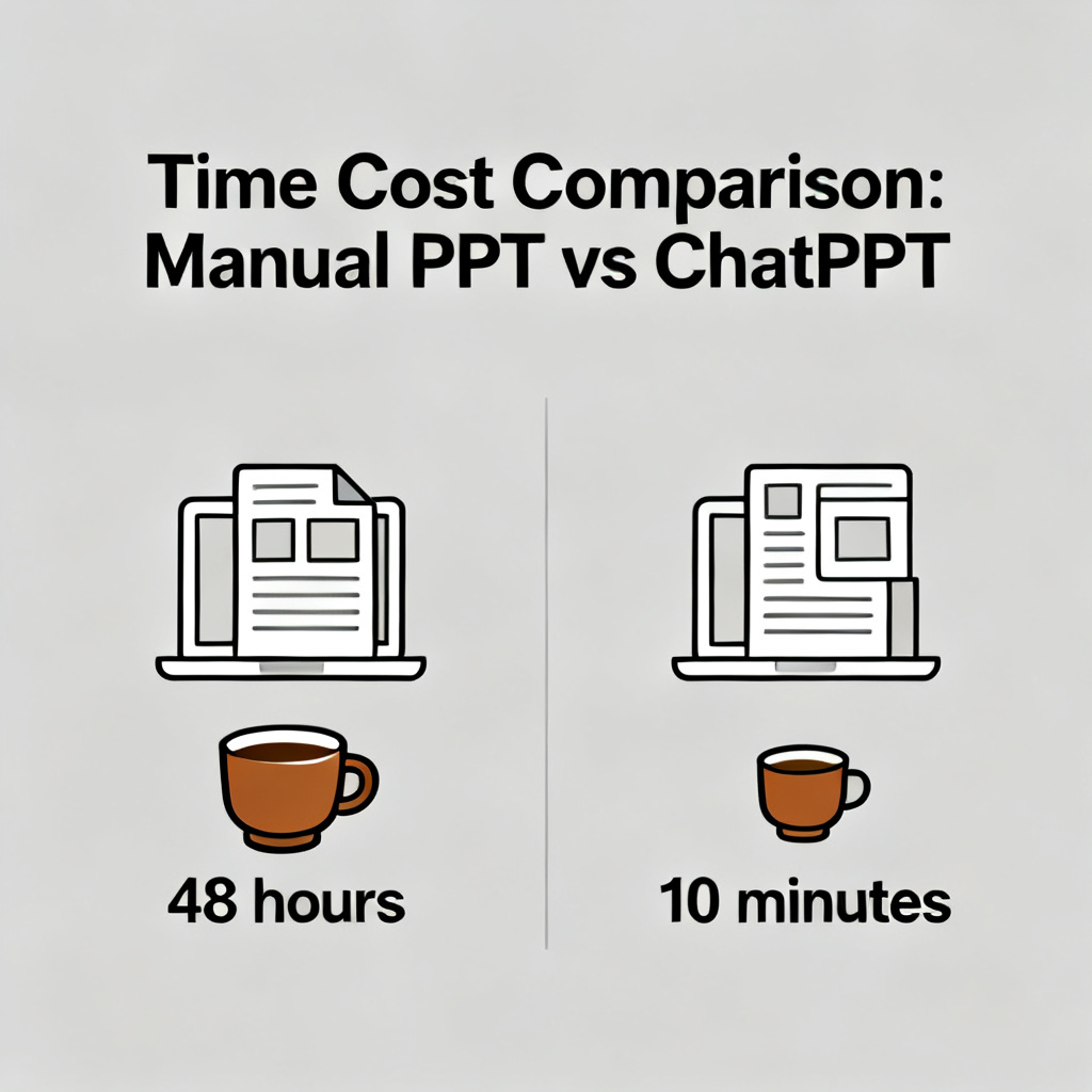 A minimalist infographic comparing the time cost of manual PPT creation (48 hours) vs ChatPPT (10 minutes), with a coffee cup icon representing low cost.