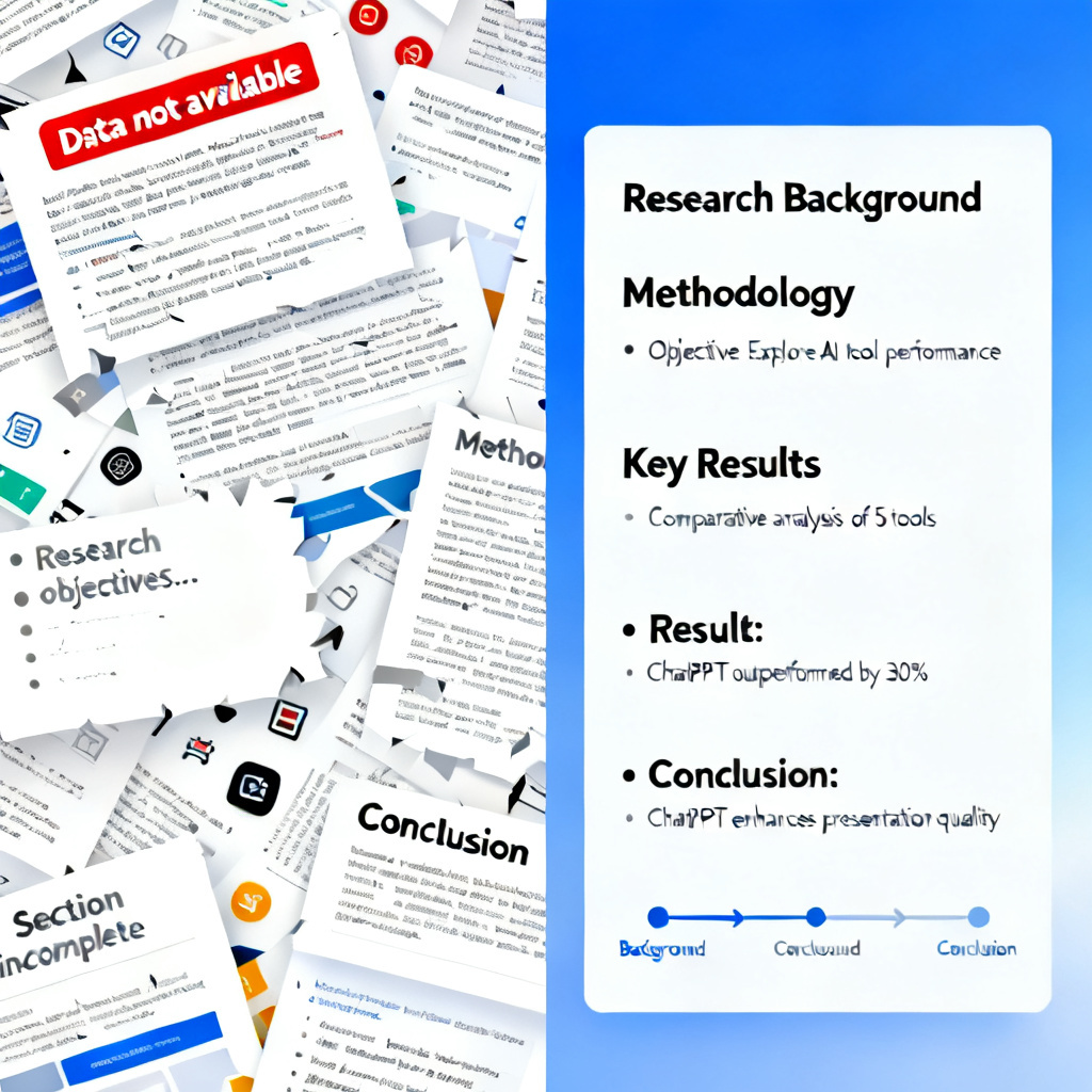 A split-screen comparison. Left side: A messy, incoherent slide generated by a generic AI tool, with missing data and broken bullet points. Right side: A clean, logically structured slide generated by ChatPPT, showing a clear research flow from background to conclusion.