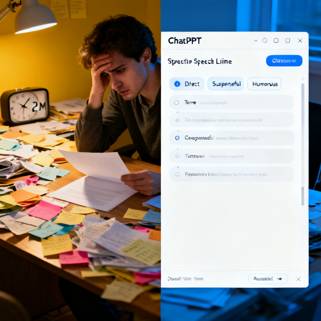 A split screen showing left side: a messy desk with scattered notes, a stressed person staring at a blank document, and a clock showing 2 AM; right side: a clean ChatPPT interface generating a structured speech outline with tone options like 'Direct', 'Suspenseful', 'Humorous', and a countdown timer for rehearsal.