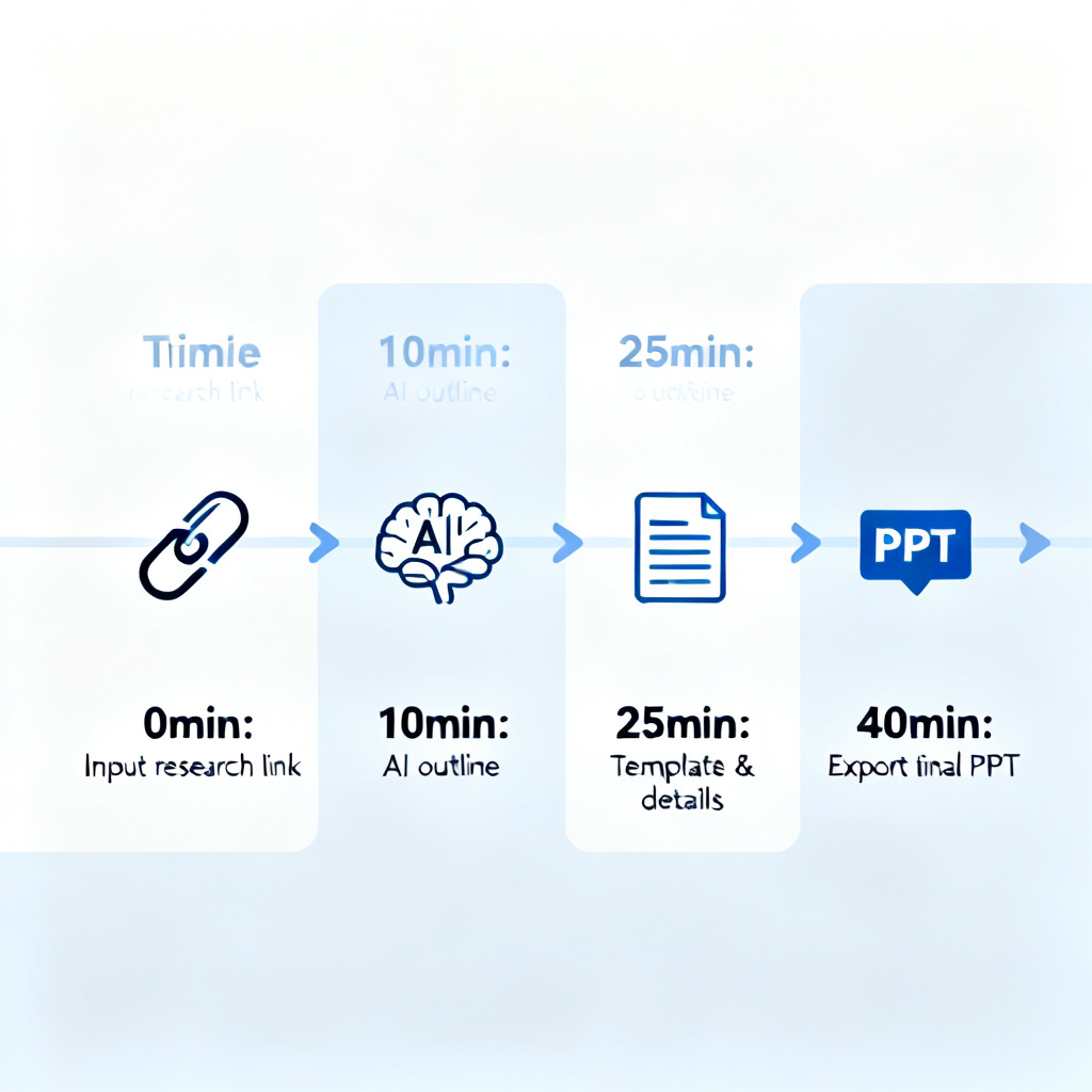 Timeline diagram: '0min: Input research link → 10min: AI outline → 25min: Template & details → 40min: Export final PPT'. Icons for each step.