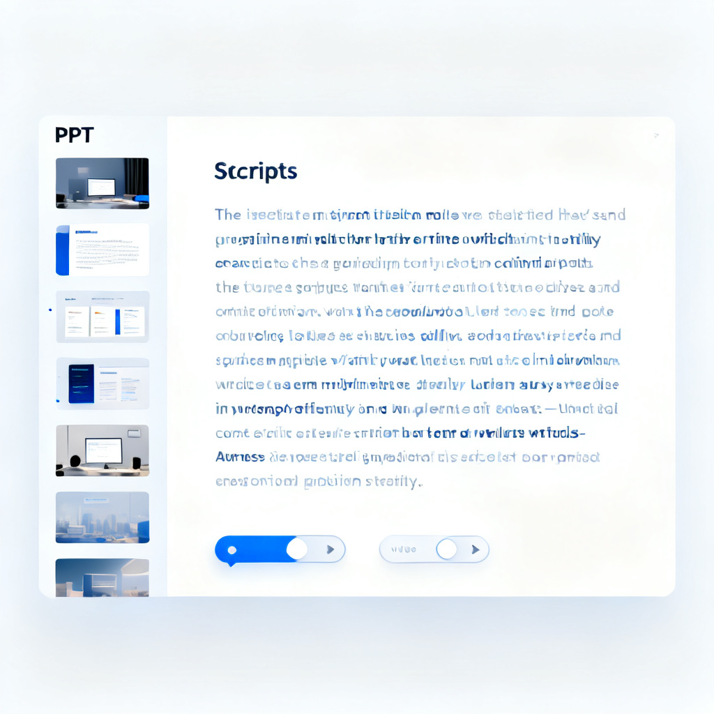 A professional speaker view interface, left side shows PPT thumbnails, right side shows full script text, below there are voice style toggle buttons, minimal tech style with bright background