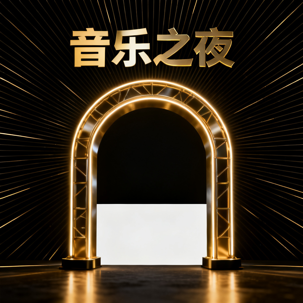 黑金高对比音乐海报向宽屏幻灯片迁移，中央发光拱门装置，背景放射状细线，标题区域留白，字体混搭无衬线体与衬线体，低照度金属质感