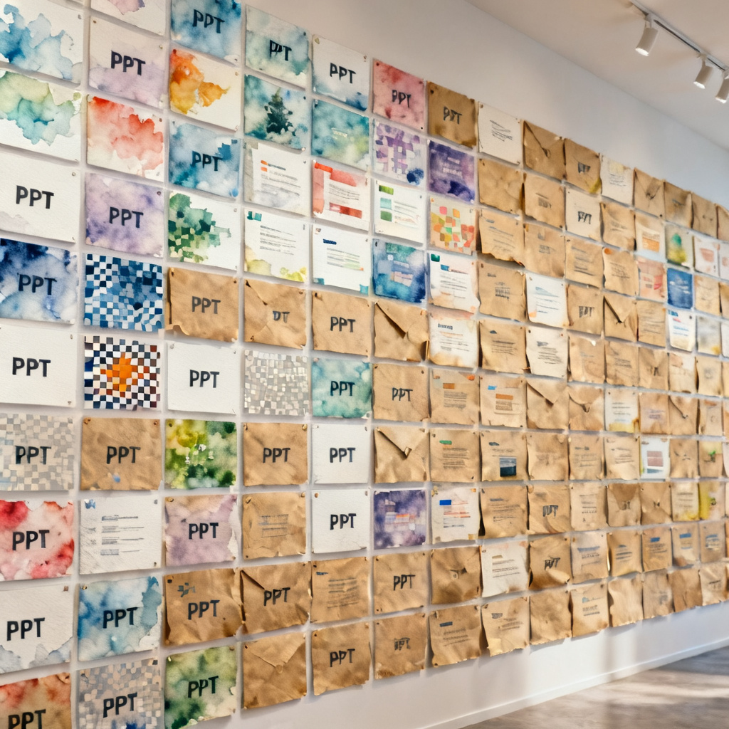 批量生成的高质量创意PPT缩略图墙，展示多种风格（水彩、像素、牛皮纸）