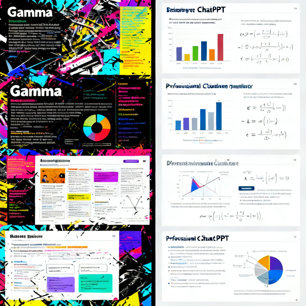 Split screen: left side shows a messy, colorful business-style slide from Gamma; right side shows a clean, professional academic slide from ChatPPT with charts, formulas, and clear headings. Style: side-by-side comparison, high contrast.