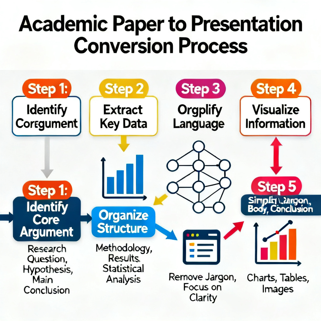 A detailed diagram showing the process of converting a long academic paper into a structured presentation, with arrows indicating logical flow and key elements highlighted