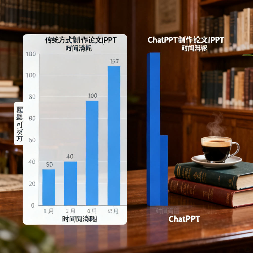 一张数据可视化信息图，左右对比传统方式与ChatPPT在论文PPT制作上的时间消耗柱状图，右侧明显低于左侧，旁边放着一杯咖啡和几本学术书籍，背景是安静的书房，体现高效与从容。
