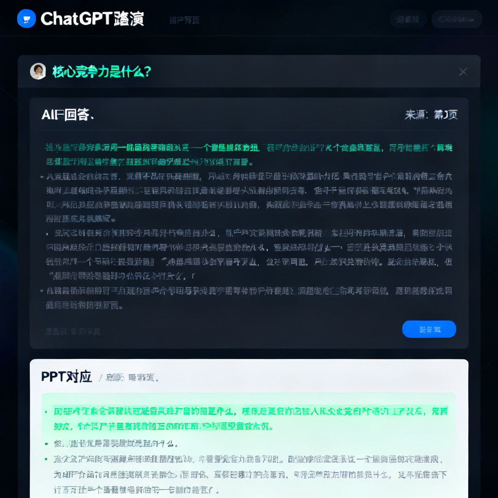 一张截图,显示ChatGPT路演页面中,用户提问“核心竞争力是什么?”,AI回答并标注“来源:第3页”,同时页面高亮显示PPT中对应的内容区域。