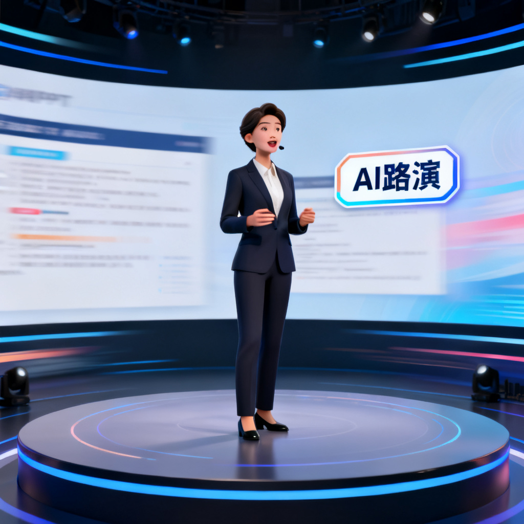 一个数字人分身站在虚拟舞台上，背景是动态的PPT页面，数字人嘴唇微动，似乎在进行路演，旁边有“AI路演”的标识，风格逼真、专业