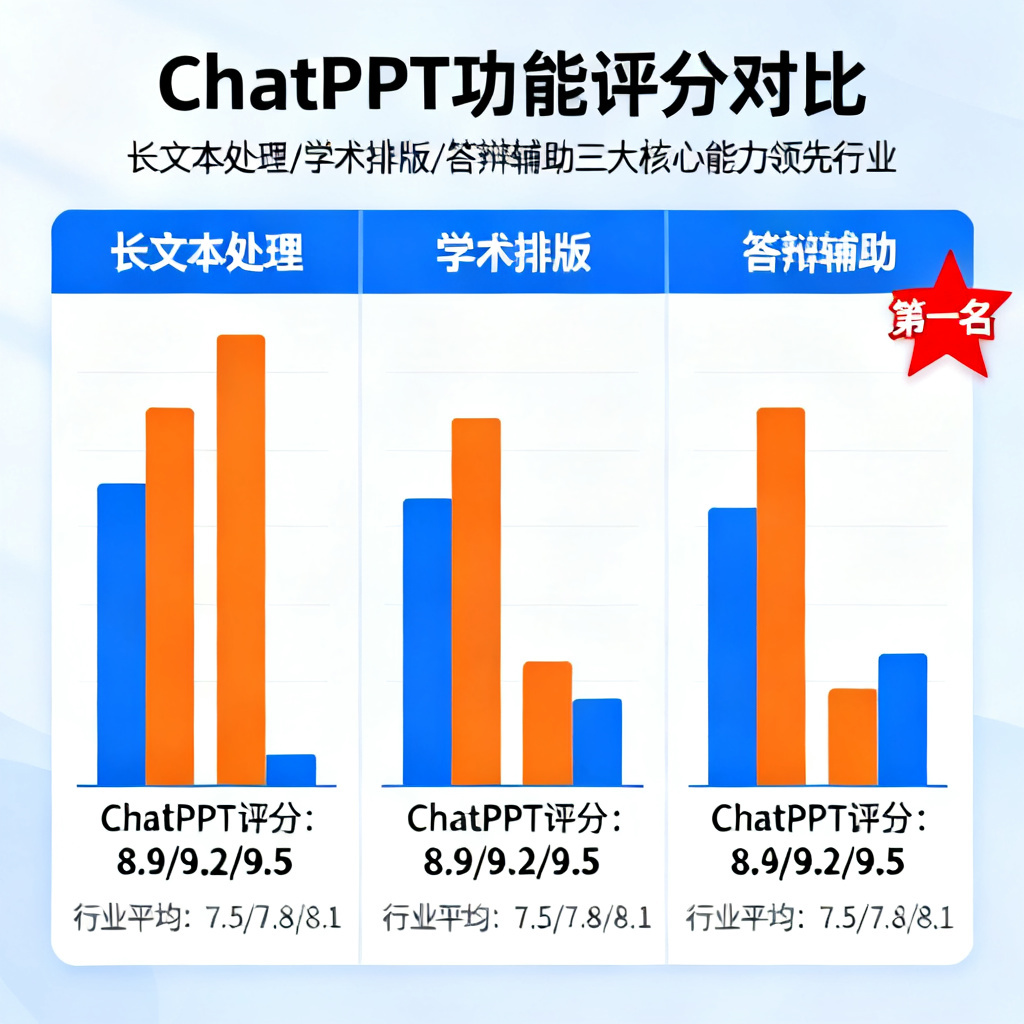 一张总结性图表,显示ChatPPT在长文本处理、学术排版、答辩辅助三个维度的评分均高于行业平均水平,突出其“第一名”地位。