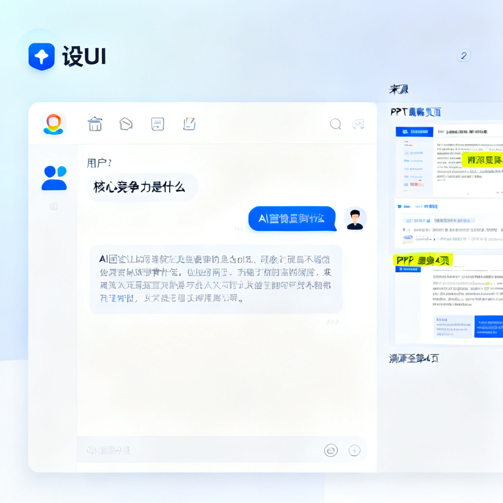 一个智能对话界面，用户提问“核心竞争力是什么”，AI回答并自动在右侧PPT缩略图上高亮标注来源页面，界面显示“溯源至第4页”字样，风格清新明亮，图标扁平化，现代UI设计