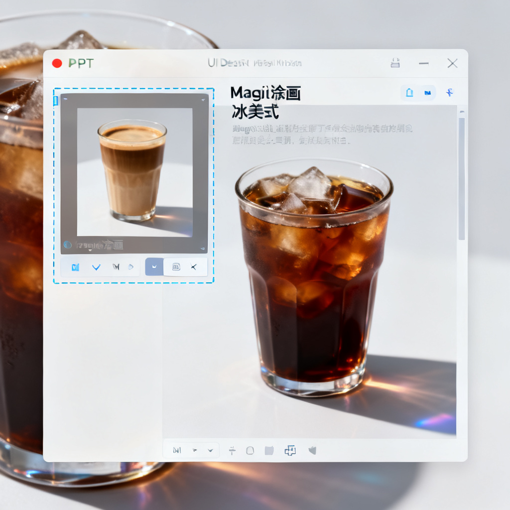 一个PPT页面的局部放大图，显示框选区域后通过Magic涂画功能将一杯咖啡替换为一杯冰美式，替换后的图像与原有背景完美融合，光影一致