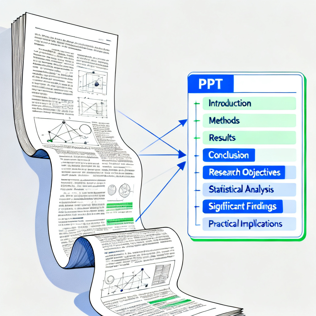 A detailed AI-generated illustration showing a long academic paper being automatically transformed into a clear, structured PPT outline with logical flow arrows and highlighted key points