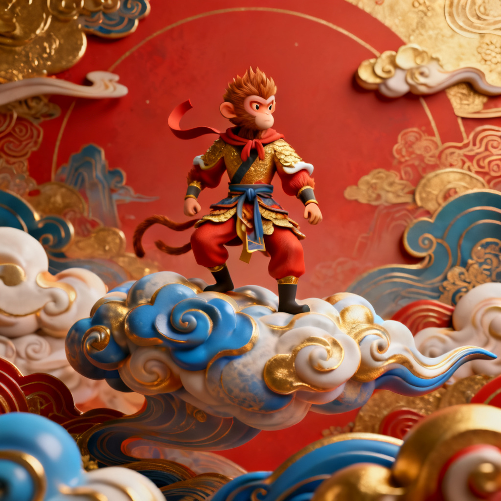 3D西游记风格幻灯片，孙悟空与筋斗云，色彩浓郁，国潮插画质感
