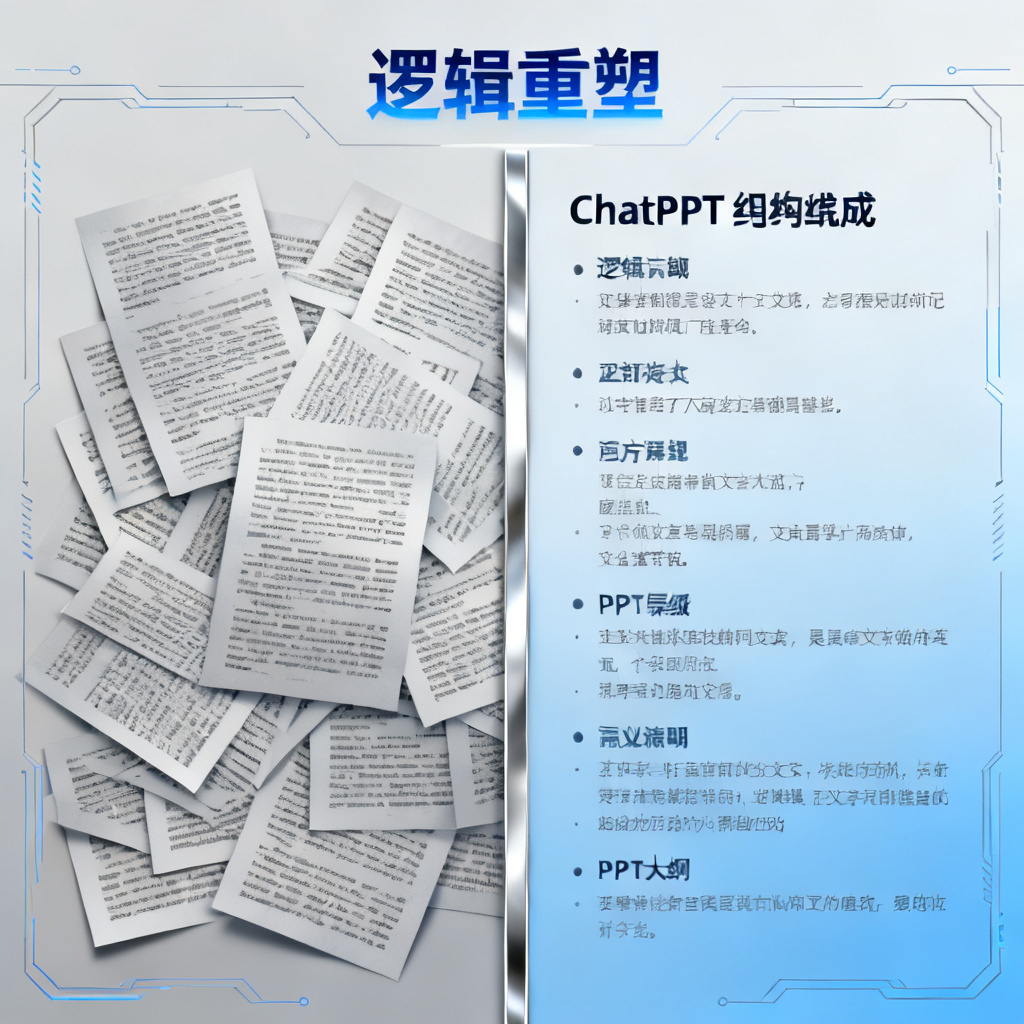 一张对比图，左侧是杂乱的论文文本，右侧是ChatPPT自动生成的逻辑清晰的PPT大纲，显示“逻辑重塑”字样，风格为科技感信息图