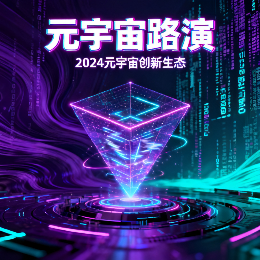 赛博朋克风格元宇宙路演PPT封面，霓虹灯与全息投影元素，深紫色与青色对比，数据流背景