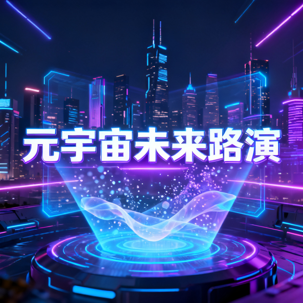 一个赛博朋克风格的元宇宙路演PPT封面，霓虹灯光与全息投影叠加，未来城市天际线作为背景，科技感字体的标题位于画面中央