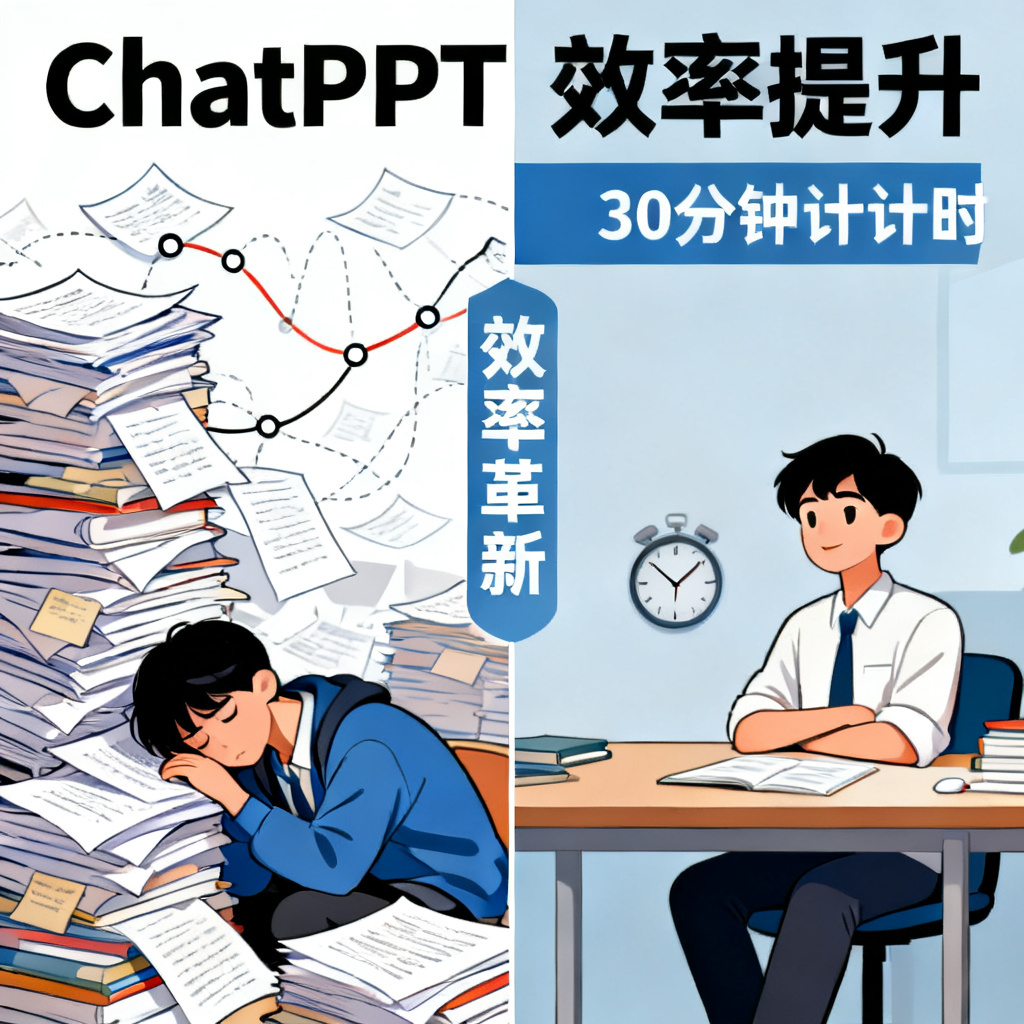 一张总结性插画,左侧是传统论文PPT制作方式:堆积如山的论文、杂乱的时间线、疲惫的学生;右侧是使用ChatPPT后:整洁的桌面、30分钟倒计时、自信的学生。中间有一道分割线,标注“效率革新”。整体风格对比强烈,突出ChatPPT带来的效率提升。