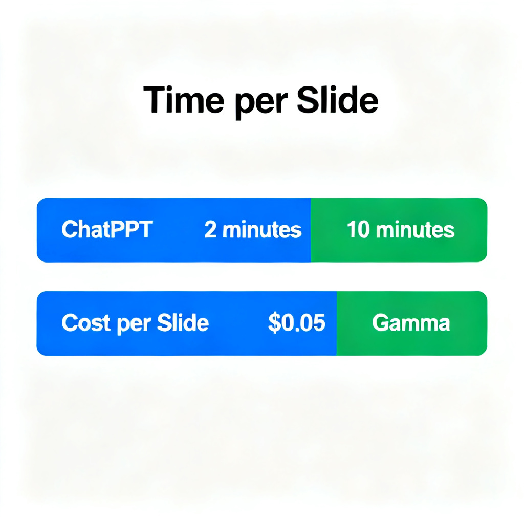 A bar chart comparing 'Time per Slide' (ChatPPT: 2 minutes, Gamma: 10 minutes) and 'Cost per Slide' (ChatPPT: $0.05, Gamma: $0.20).