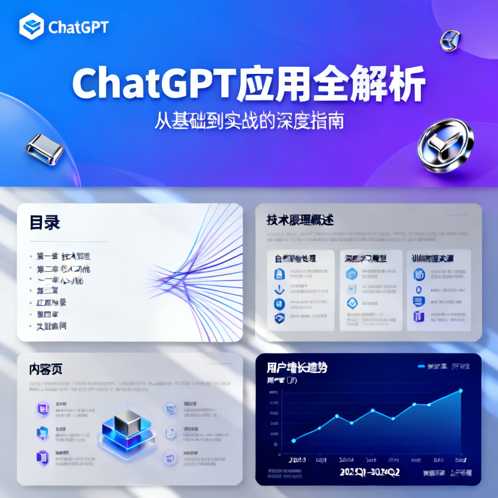 一套完整的ChatGPT生成的演示文稿最终效果图，包含封面、目录、内容页、图表页，风格统一且视觉惊艳