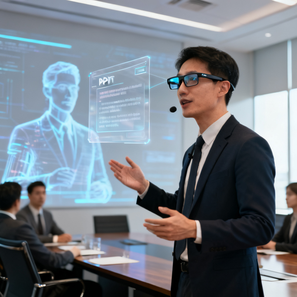 一位职场人士在会议室中对着智能眼镜演讲,PPT在眼镜中显示为透明提词器,背景是虚拟数字人形象,风格写实,光线明亮,科技感