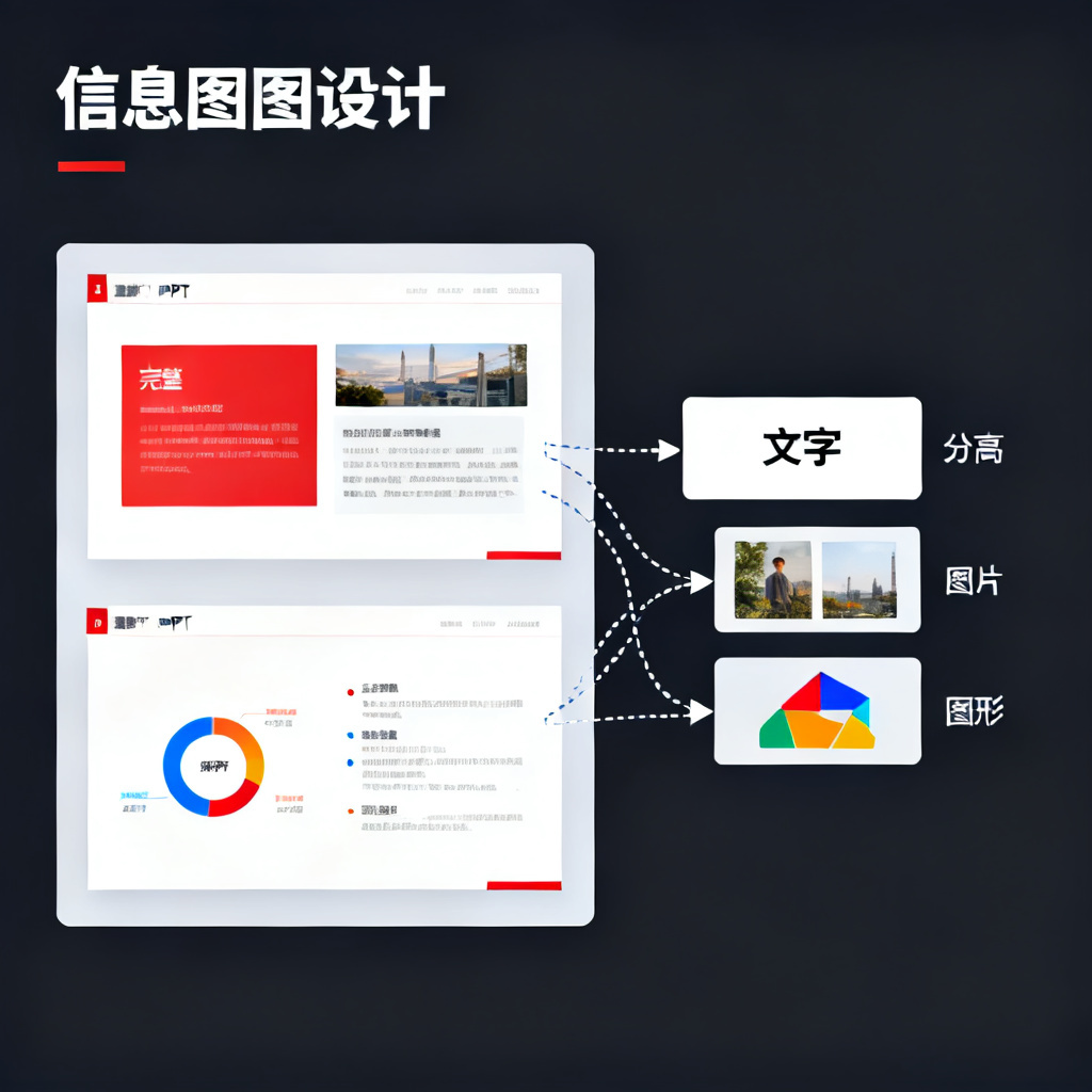展示图层分离示意图，左侧是完整PPT页面，右侧是分离的文字、图片、图形图层，箭头指向