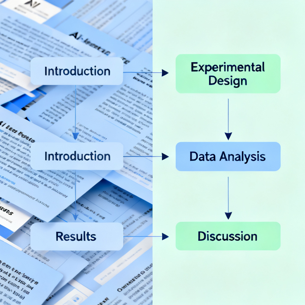 A side-by-side comparison of two PPT slides. On the left, a cluttered slide with text fragments from a generic AI tool, showing a jump from "Introduction" to "Results" without methodology. On the right, a clean, logically structured slide from ChatPPT, with clearly labeled sections for "Experimental Design," "Data Analysis," and "Discussion," connected by arrows showing the logical flow.