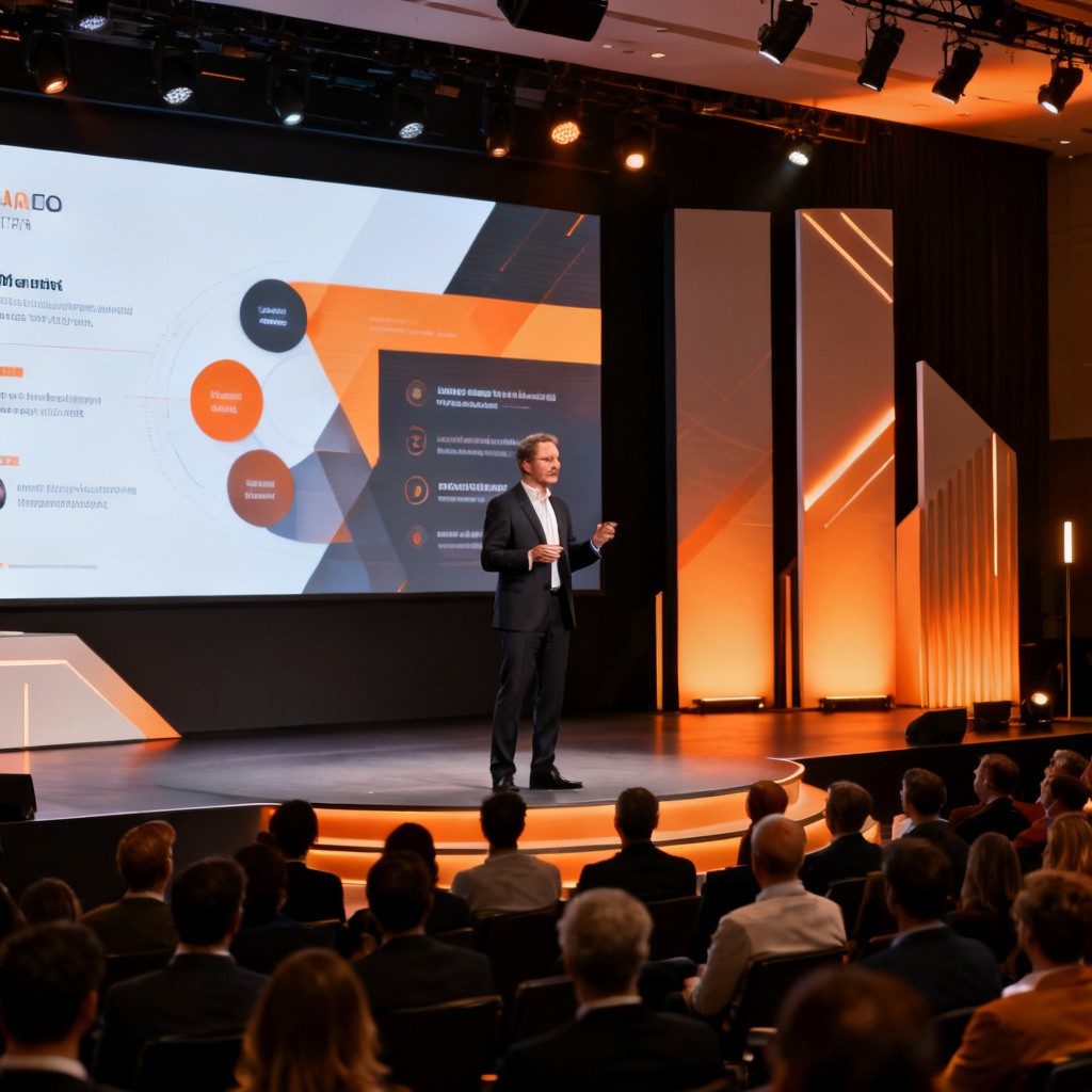 A professional CEO standing on a modern stage, delivering a keynote speech in front of a large audience, with a digital screen displaying a dynamic presentation. The scene is lit by warm stage lights, conveying confidence and success. The atmosphere is energetic and focused.