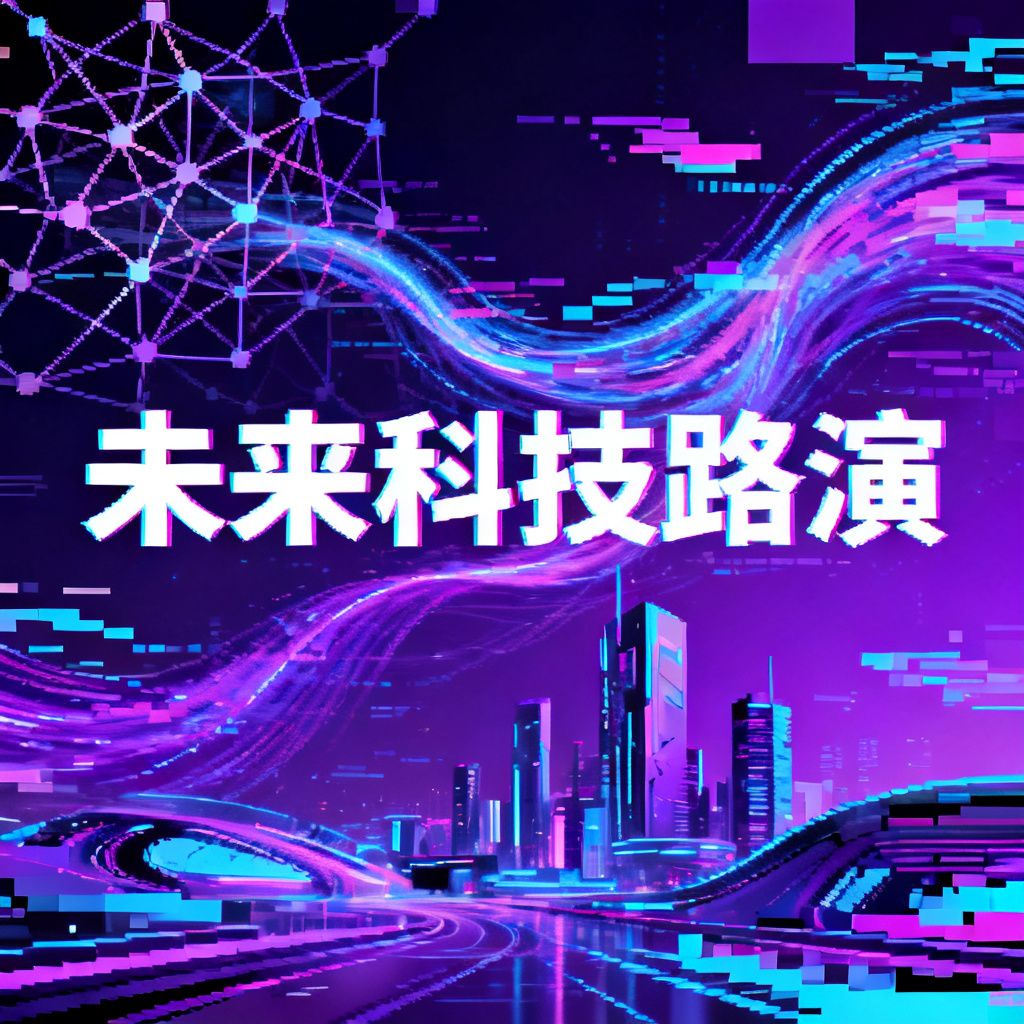 故障艺术风格的科技路演封面，包含神经网络、数据流与未来城市元素，主色调为电光紫与科技蓝