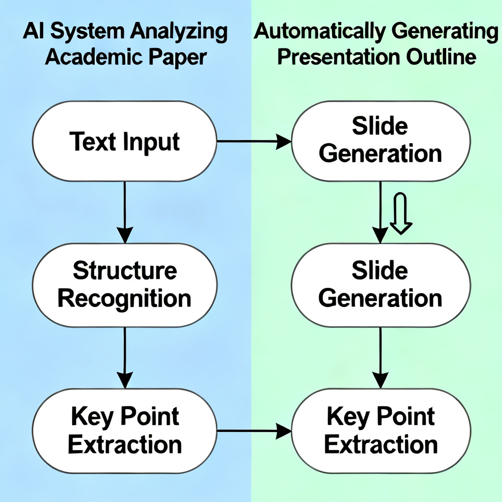 A flowchart diagram showing the process of an AI system analyzing a long academic paper (left side) and automatically generating a structured presentation outline (right side). The flowchart includes steps like "Text Input", "Structure Recognition", "Key Point Extraction", and "Slide Generation".