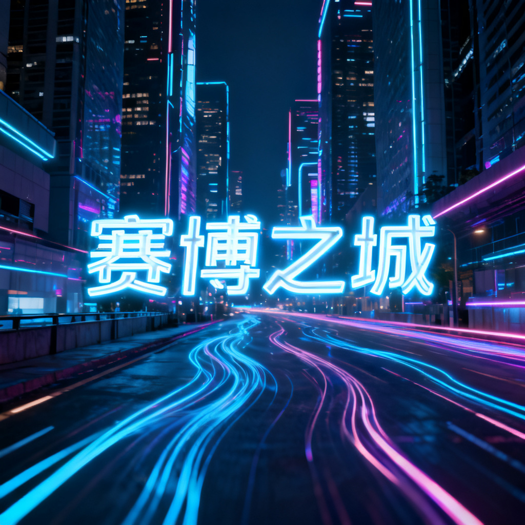 赛博朋克风格，霓虹灯光，未来城市，动态线条，科技感，冷色调，发光字体